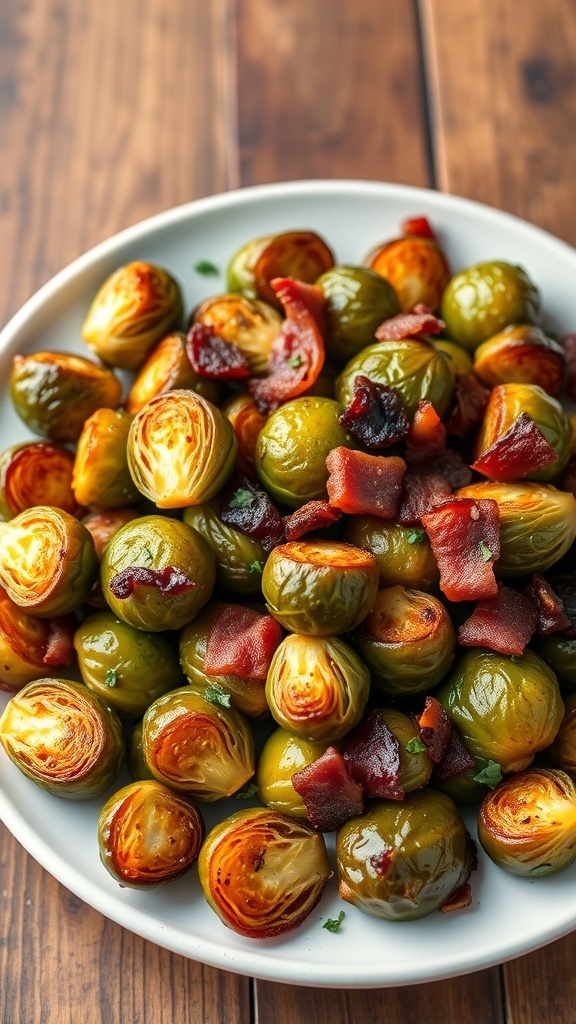 A serving of crispy roasted Brussels sprouts with bacon on a rustic plate.